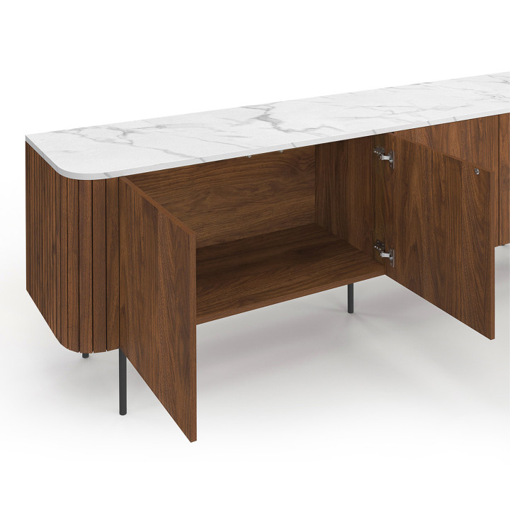 160 cm laag dressoir met 4 deuren in notendecor en wit marmeren blad - MARLA | IdMarket