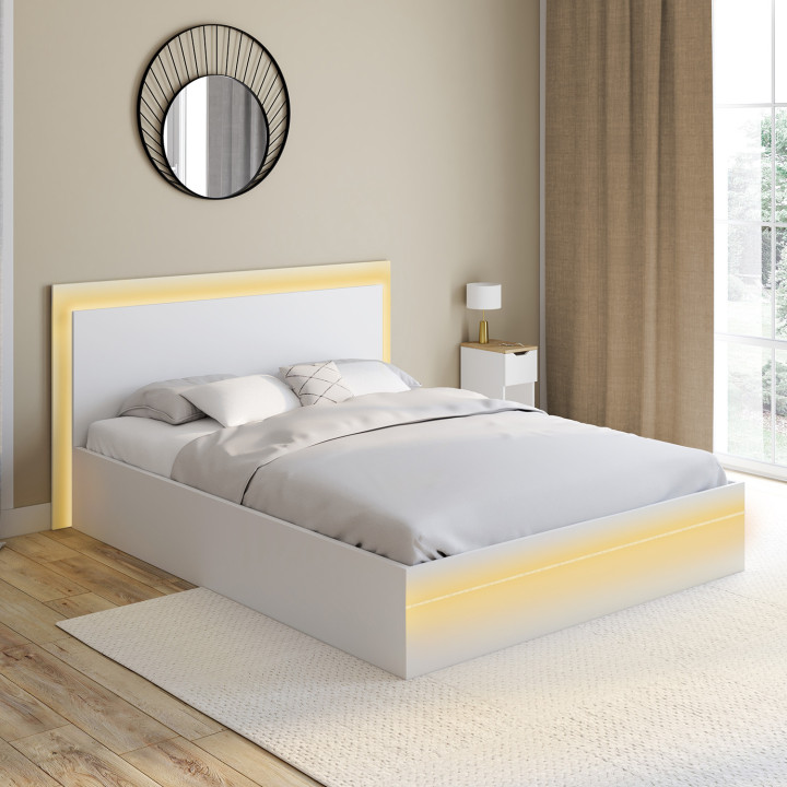 Doppelbett 140 x 190 cm mit Bettkasten und integrierten LEDs weiß - CHARLIE | IdMarket