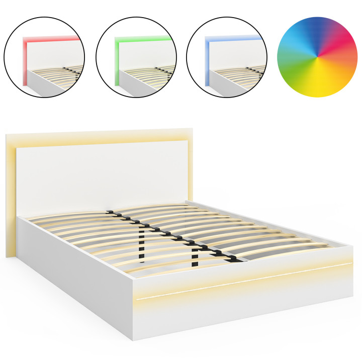 Doppelbett 140 x 190 cm mit Bettkasten und integrierten LEDs weiß - CHARLIE | IdMarket