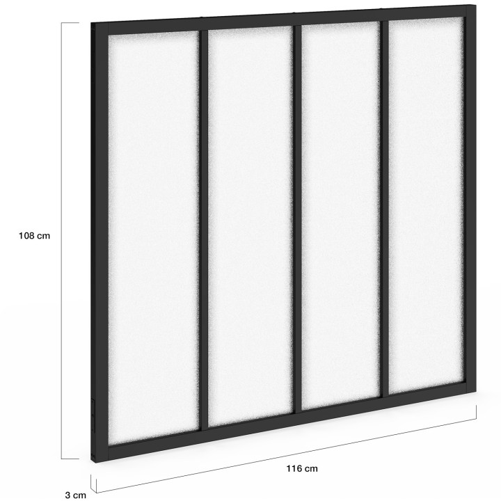 4-ruits glazen werkplaatdak B. 116 x H. 108 cm in zwart metaal en mat gehard glas