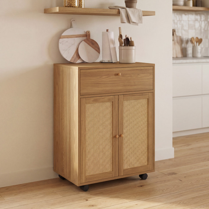 Mobile da cucina HANAE con cassetto effetto legno e armadio in vimini, L. 60 cm