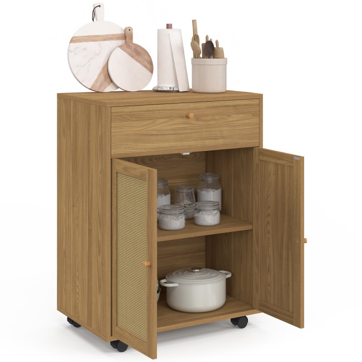 Mobile da cucina HANAE con cassetto effetto legno e armadio in vimini, L. 60 cm