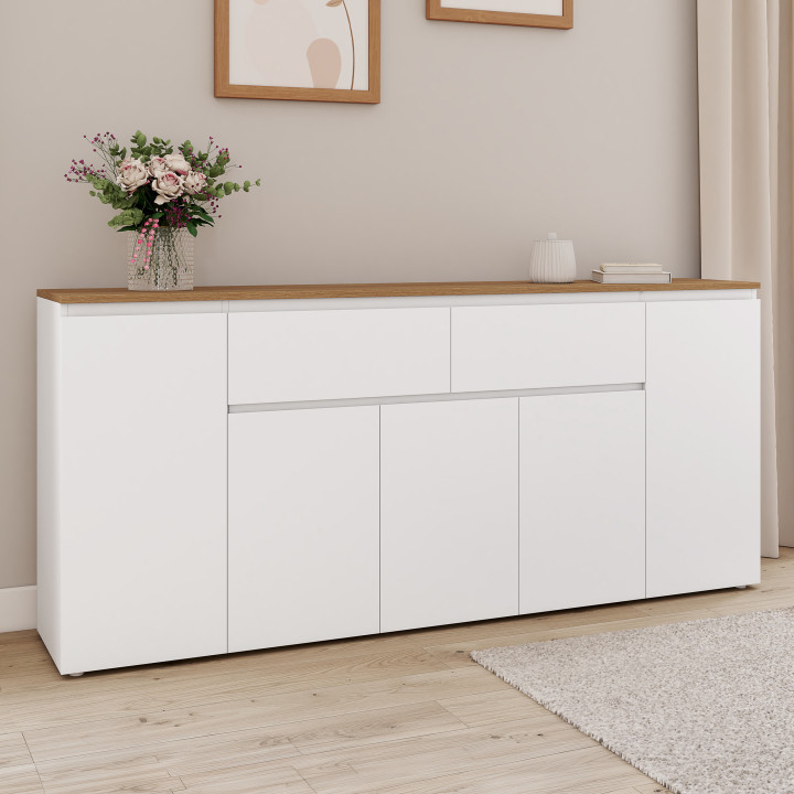 180 cm TOBY Credenza a 5 ante con 2 cassetti bianchi e piano in legno