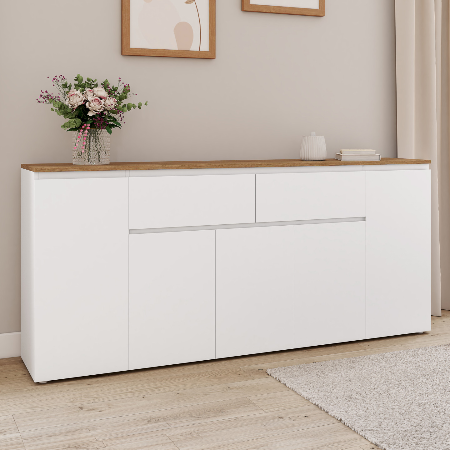 Sideboard 180 cm TOBY 5 Türen und 2 Schubladen weiß und Holzplatte