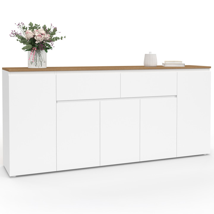 180 cm TOBY Credenza a 5 ante con 2 cassetti bianchi e piano in legno