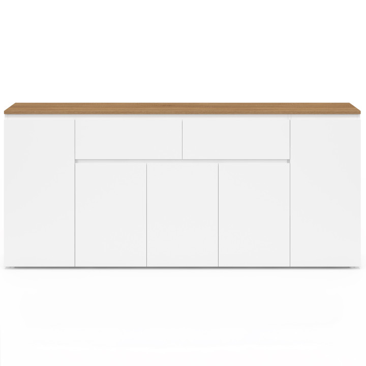 180 cm TOBY Credenza a 5 ante con 2 cassetti bianchi e piano in legno