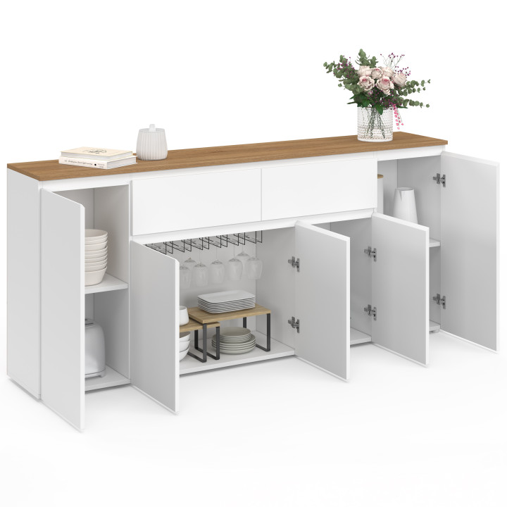 180 cm TOBY Credenza a 5 ante con 2 cassetti bianchi e piano in legno