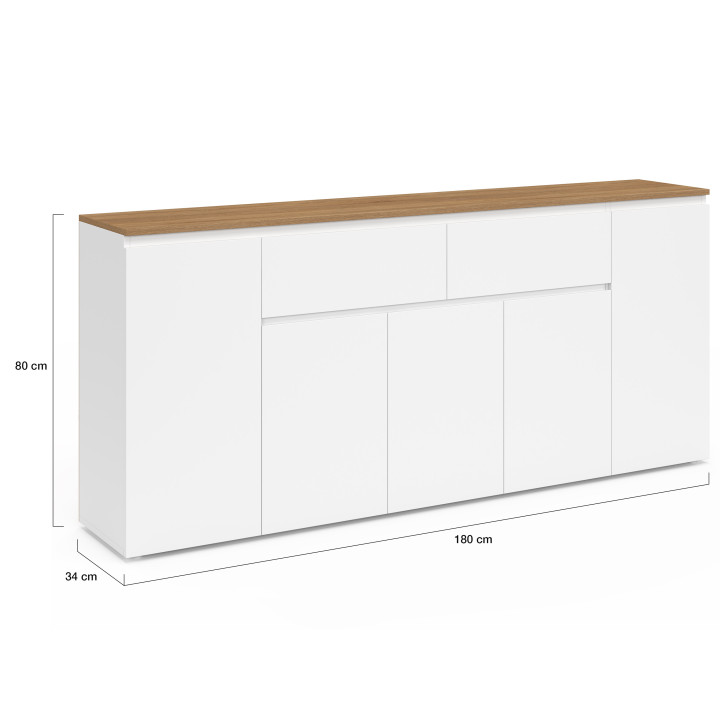 180 cm TOBY Credenza a 5 ante con 2 cassetti bianchi e piano in legno