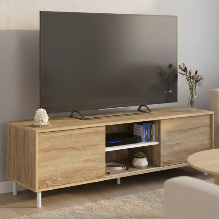 140 cm TV-element met 2 omkeerbare schuifdeuren in hout- en witeffect, montage zonder gereedschap