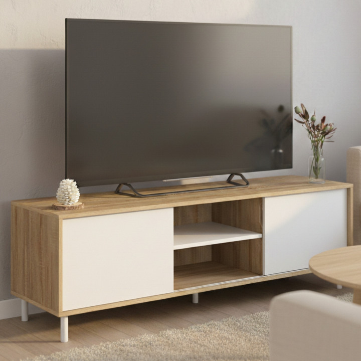 Meuble TV 140 cm EASY montage sans outils 2 portes coulissantes réversibles effet bois et blanc