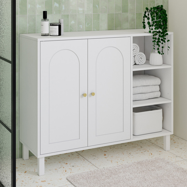 Mobili da bagno, mobili contenitori per soggiorno e ingresso ARSENE a 3 ripiani con armadio in legno bianco