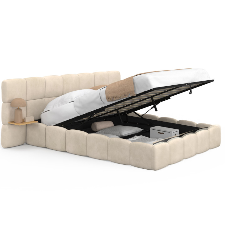 Letto matrimoniale NUAGE con testata trapuntata + comodini integrati e base in velluto beige 140 x 190 cm