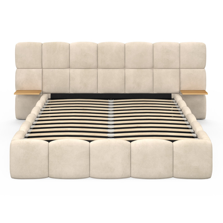 Letto matrimoniale NUAGE con testata trapuntata + comodini integrati e base in velluto beige 140 x 190 cm
