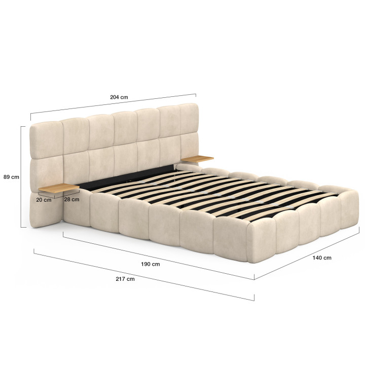 Letto matrimoniale NUAGE con testata trapuntata + comodini integrati e base in velluto beige 140 x 190 cm