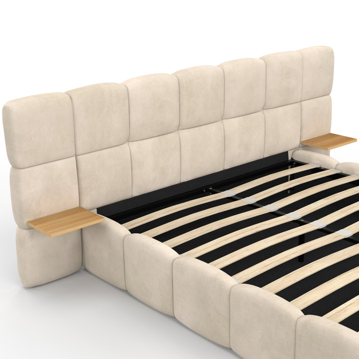 Letto matrimoniale NUAGE con testata trapuntata + comodini integrati e base in velluto beige 140 x 190 cm
