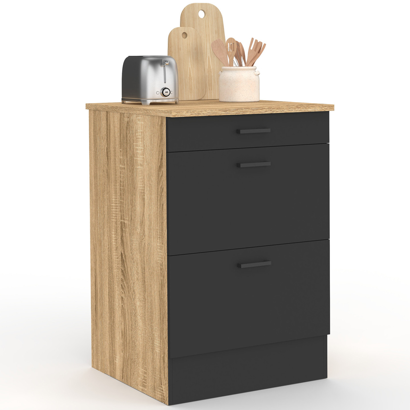 Küchenunterschrank 60 cm SUBTIL Beistellschrank Frontauszug 3 Schubladen Holz und schwarz