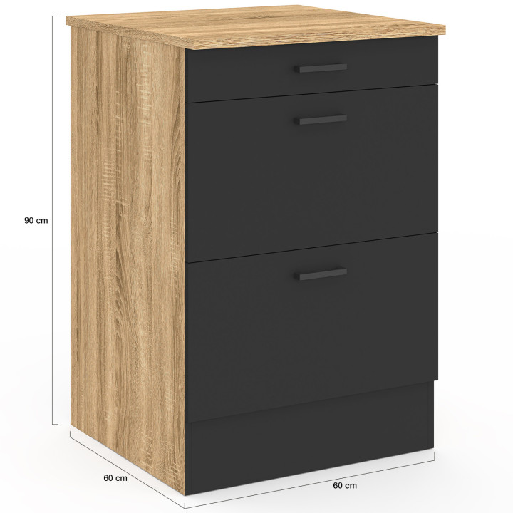 Mueble bajo de cocina 60 cm SUBTIL cacerola ocasional 3 cajones madera y negro