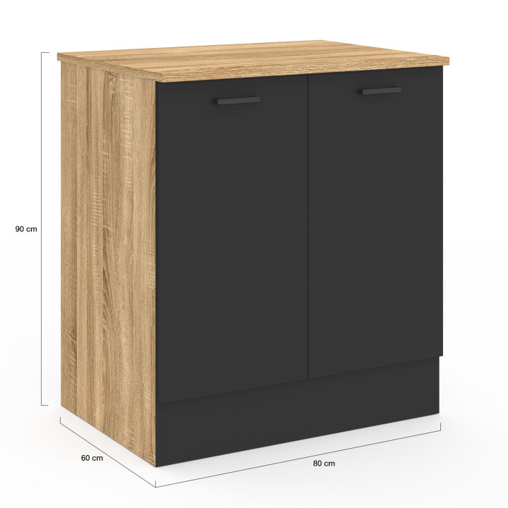 Meuble bas de cuisine 80 cm STIL appoint 2 portes bois et noir