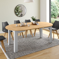 Table à manger extensible ronde DONA 4-10 personnes blanche plateau façon hêtre 110-200 cm