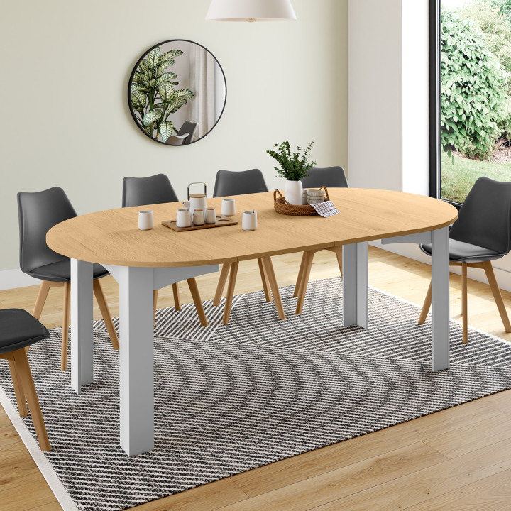 Table à manger extensible ronde DONA 4-10 personnes blanche plateau façon hêtre 110-200 cm