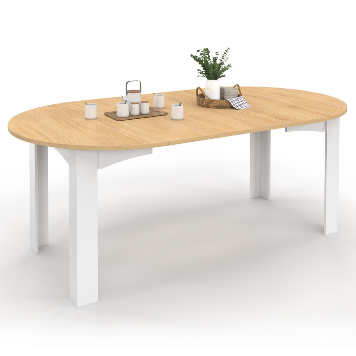 Table à manger extensible ronde DONA 4-10 personnes blanche plateau façon hêtre 110-200 cm