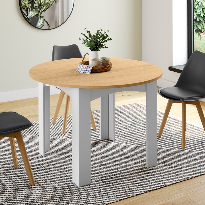 Table à manger extensible ronde DONA 4-10 personnes blanche plateau façon hêtre 110-200 cm