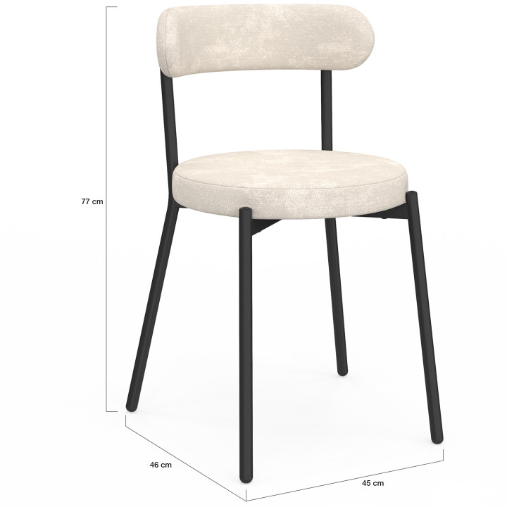 Set van 6 MIKI ronde stoelen in chenille stof mix kleur groen x2, ecru x2, lichtgrijs x2 metalen poten
