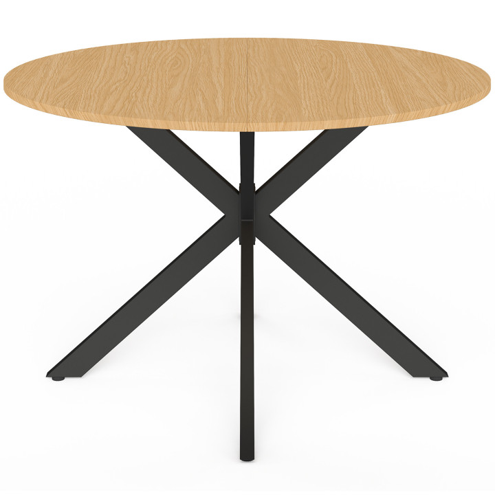 Salon de jardin MESSINA table ronde 120 cm pied araignée plateau métal effet bois et 6 chaises empilables noires