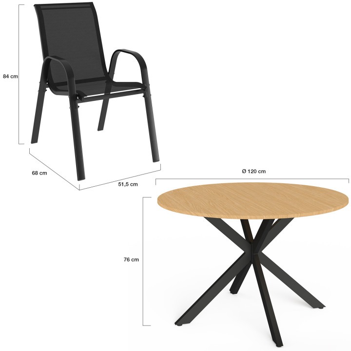 Salon de jardin MESSINA table ronde 120 cm pied araignée plateau métal effet bois et 6 chaises empilables noires