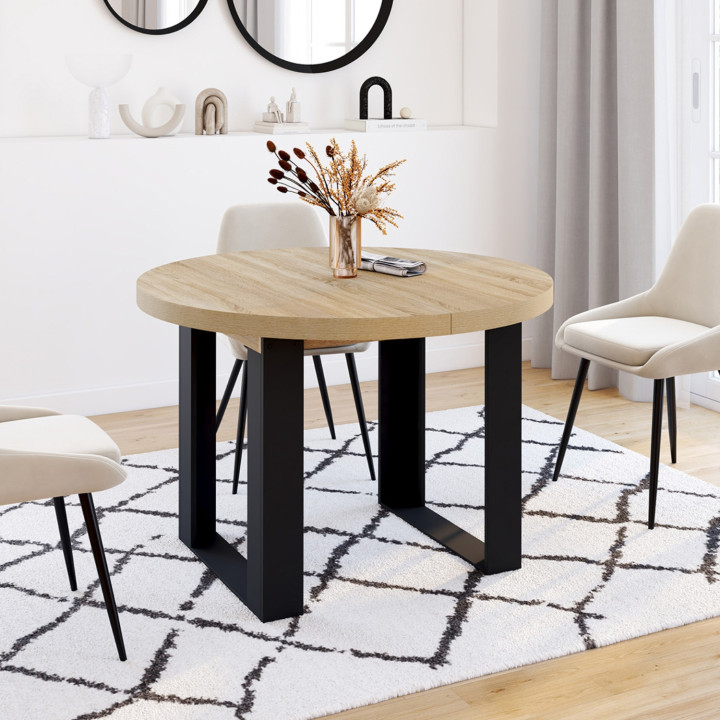 Mesa de comedor redonda extensible para 4-10 personas, de madera y color negro, 110-200 cm - PHOENIX