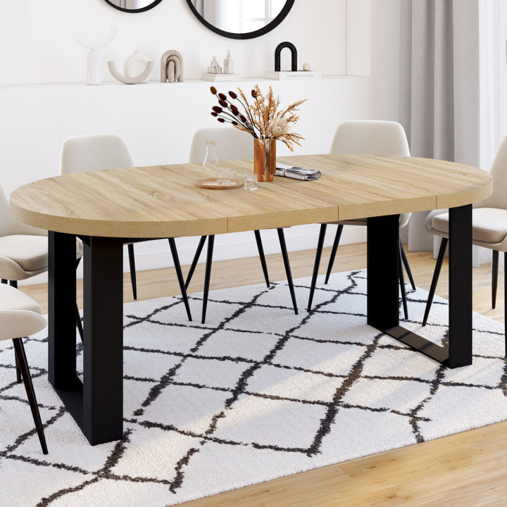 Mesa de comedor redonda extensible para 4-10 personas, de madera y color negro, 110-200 cm - PHOENIX