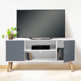 Meuble TV scandinave EFFIE 2 portes bois blanc et gris 113 cm