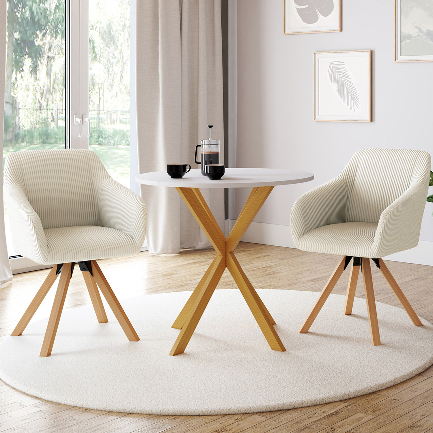 Lot de 2 chaises pivotantes fauteuils de table en velours côtelé beige
