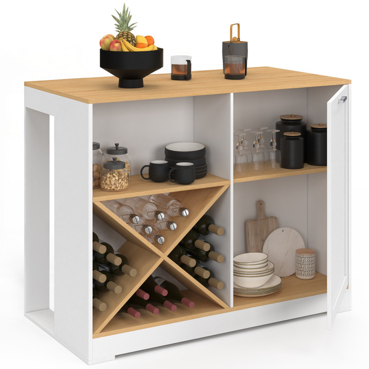 VITO eilandbartafel 113 cm met flessenrek in wit hout en blad in beukenlook