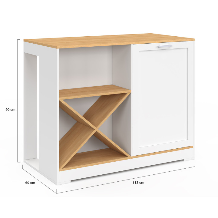 Tavolo bar a isola VITO 113 cm con portabottiglie in legno bianco e piano in faggio