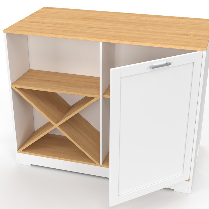 Table de bar îlot VITO 113 cm avec range-bouteilles bois blanc et plateau façon hêtre