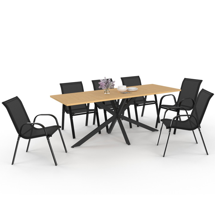 Salon de jardin MESSINA table 190 cm pied araignée plateau métal effet bois et 8 chaises empilables noires