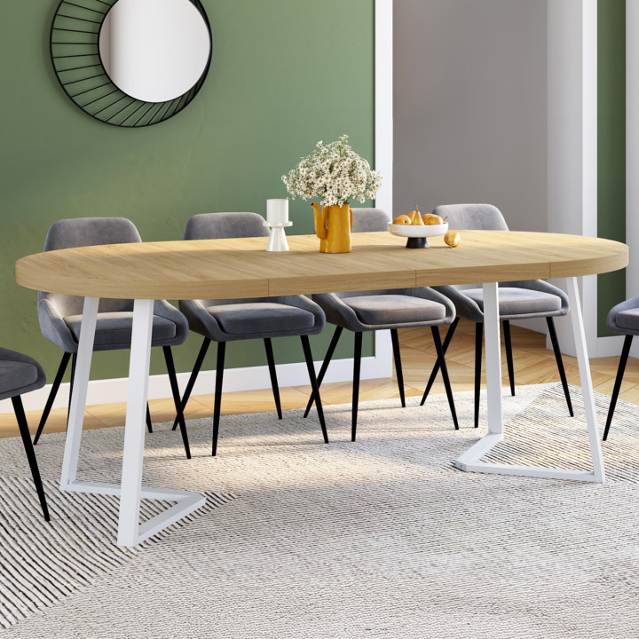 Table à manger extensible ronde SELMA 4-10 personnes bois et blanc 110-200 cm