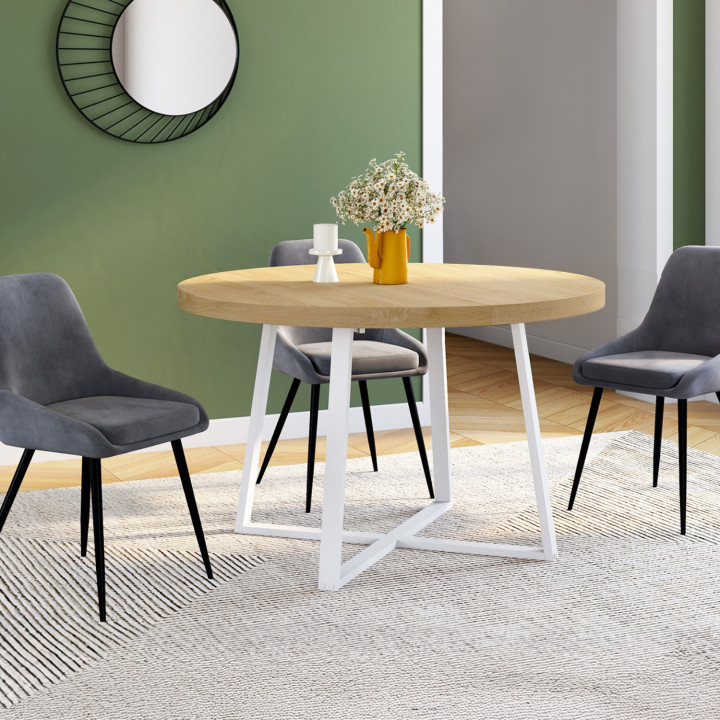 Table à manger extensible ronde SELMA 4-10 personnes bois et blanc 110-200 cm