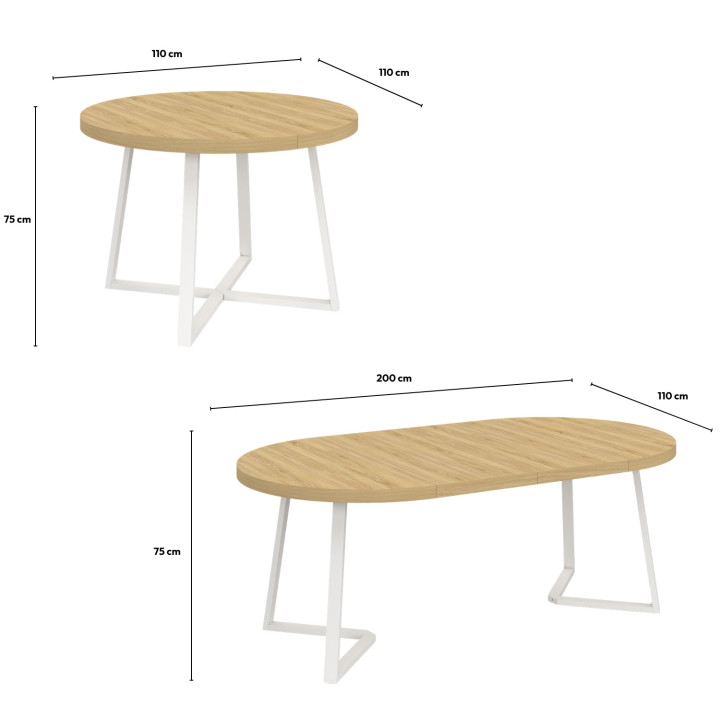 Table à manger extensible ronde SELMA 4-10 personnes bois et blanc 110-200 cm