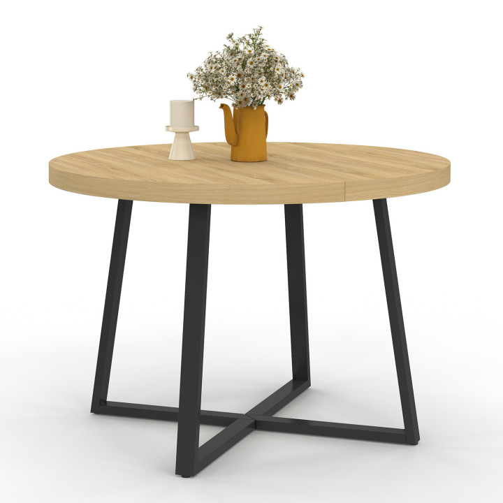Mesa de comedor redonda extensible de madera 4-10 personas patas negras 110-200cm - SELMA | ID Market