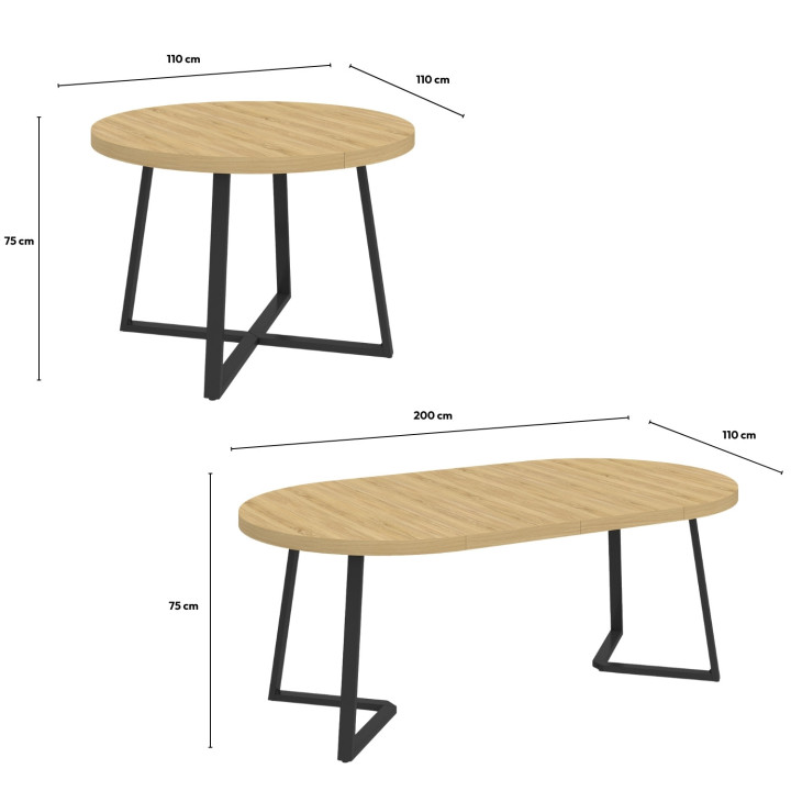 Tavolo da pranzo rotondo allungabile in legno 4-10 persone gambe nere 110-200cm - SELMA
