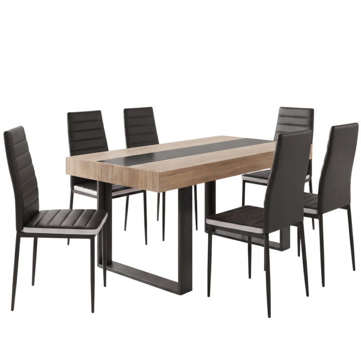 Ensemble table à manger rectangle PHOENIX bois et noir bande centrale noire 160 cm et 6 chaises ROMANE noires bandeau blanc