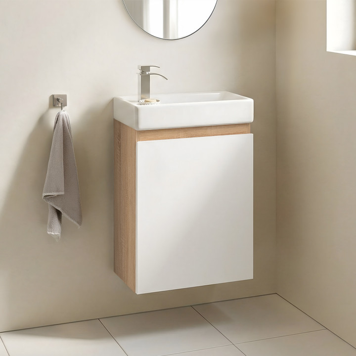 TOMI Mobile lavabo sospeso a 1 anta in faggio e bianco con lavabo in ceramica bianca