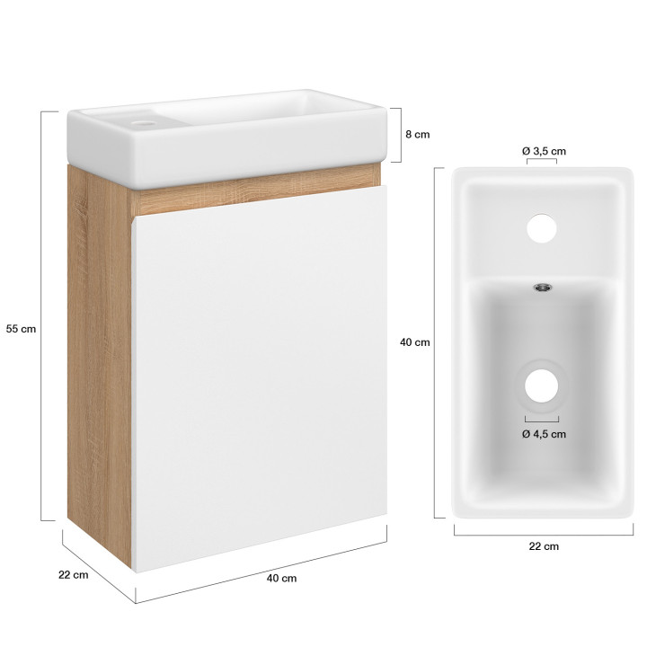 Meuble lave-mains suspendu WC TOMI 1 porte façon hêtre et blanc avec vasque céramique blanche