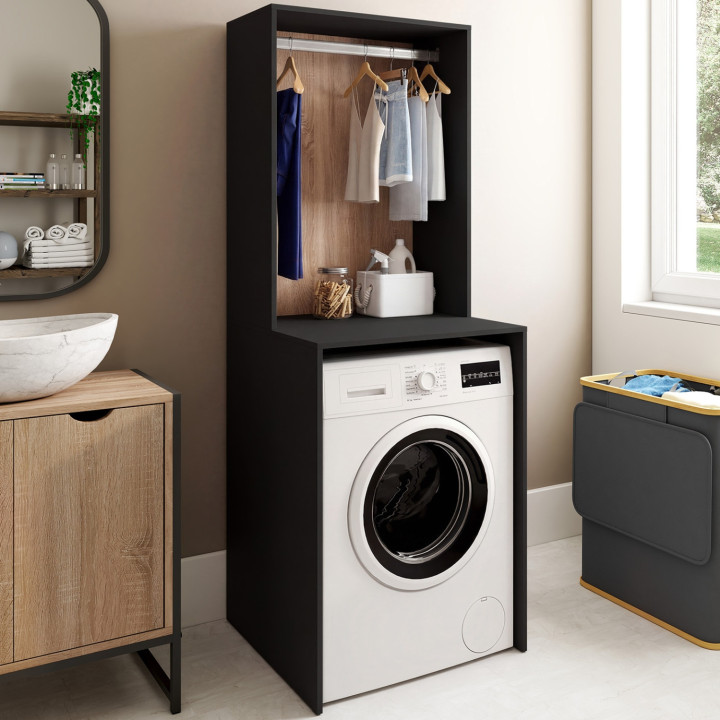 Meuble dessus machine à laver avec penderie WALLIS noir et bois façon hêtre