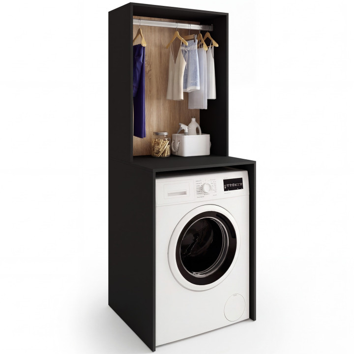 Meuble dessus machine à laver avec penderie WALLIS noir et bois façon hêtre
