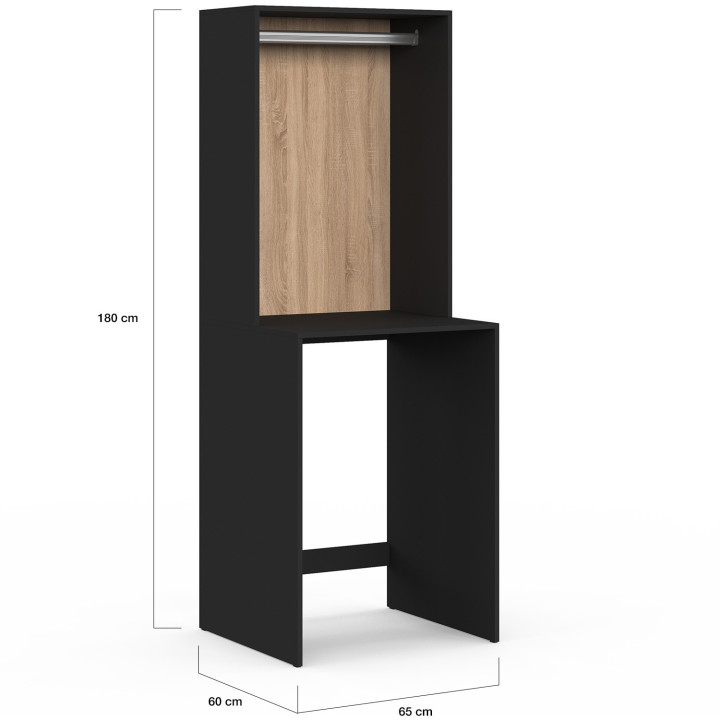 Meuble dessus machine à laver avec penderie WALLIS noir et bois façon hêtre