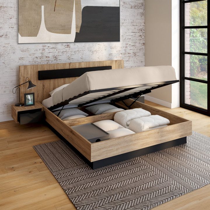 Cama de matrimonio de madera y negro 140 x 190 cm con somier y mesitas de noche - SANTA | IdMarket