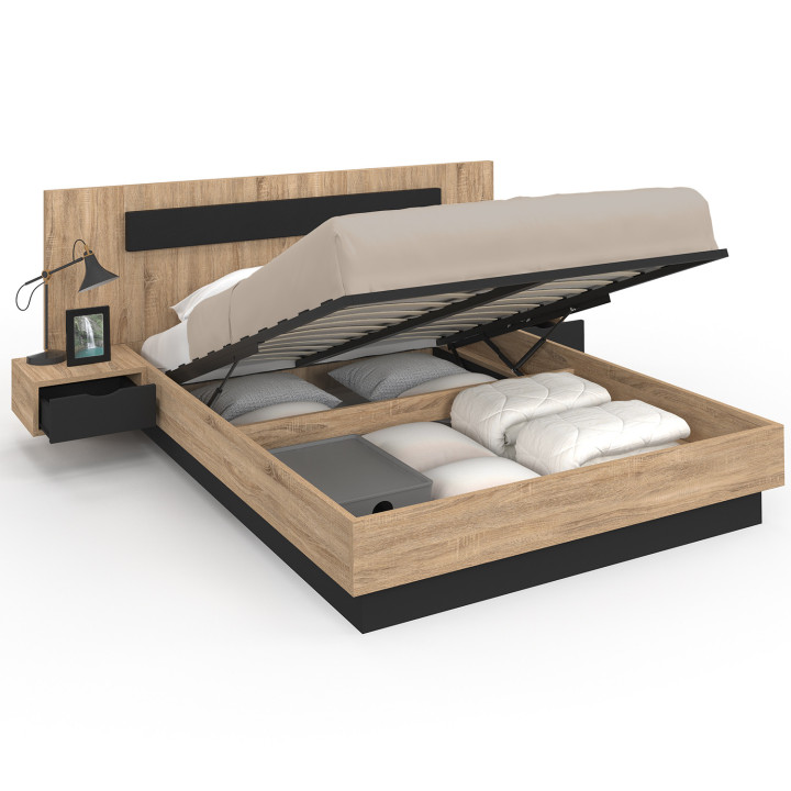 Cama de matrimonio de madera y negro 140 x 190 cm con somier y mesitas de noche - SANTA | IdMarket